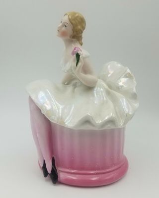 Vintage 1920s German Porcelain Lady Powder Dresser Jar in Lustreware Dress 3