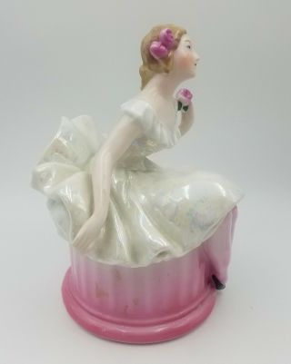 Vintage 1920s German Porcelain Lady Powder Dresser Jar in Lustreware Dress 4