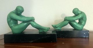 1920s Ronson Nude Greek Athlete Bookends - Vintage Art Deco,  Green Patina,  Metal