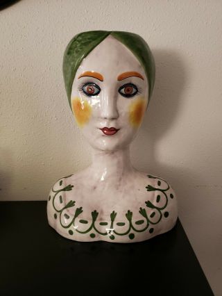 Vintage Mid - Century Large Horchow Italian Ceramic Women Bust Head Vase Planter 2