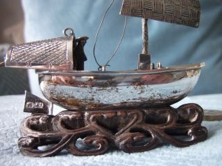 Antique Silver Chinese Junk Ship On Carved Base