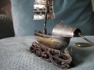 ANTIQUE SILVER CHINESE JUNK SHIP ON CARVED BASE 2