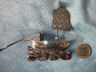ANTIQUE SILVER CHINESE JUNK SHIP ON CARVED BASE 3
