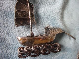 ANTIQUE SILVER CHINESE JUNK SHIP ON CARVED BASE 4