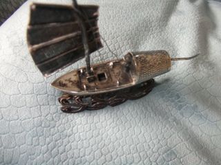 ANTIQUE SILVER CHINESE JUNK SHIP ON CARVED BASE 5