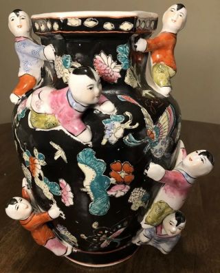 Vintage Chinese Black Fertility Vase Has Flowers Butterflies Climbing Children