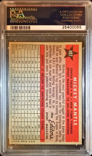 1958 Topps Mickey Mantle All Star 487 PSA 5 EX - Vintage Yankees 2