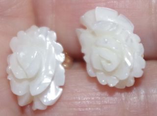 14k Handmade Carved Rose Flower Shell Mother Of Pearl Fancy Stud Earrings