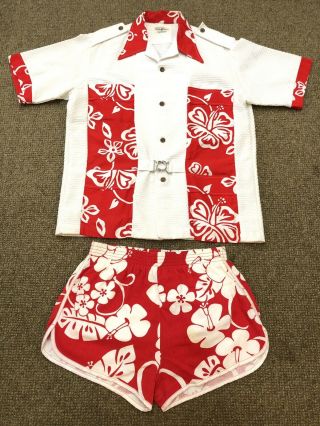 Vintage Hukilau Fashions Honolulu Tiki Bar Mens Shirt Shorts Cabana 70s Hawaiian