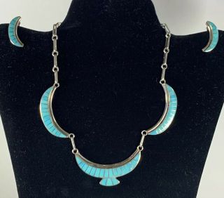 Vintage SIGNED Ed Lupe Zuni Turquoise Inlay Set Necklace & Earrings,  AKA Eddie 2