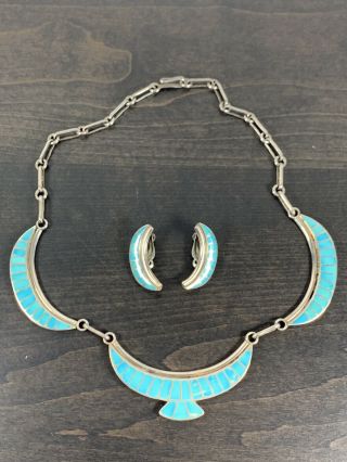 Vintage SIGNED Ed Lupe Zuni Turquoise Inlay Set Necklace & Earrings,  AKA Eddie 8