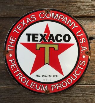 Vintage Texaco Gasoline Porcelain Gas Oil Service Station Pump Plate Sign 1933