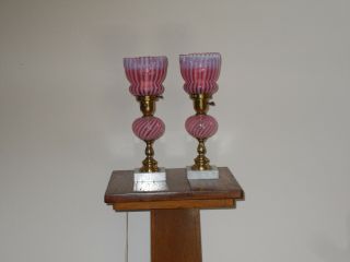 Fenton Vintage Cranberry Opalescent Spiral Optic Dresser Lamps