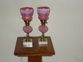Fenton Vintage Cranberry Opalescent Spiral Optic Dresser Lamps 2