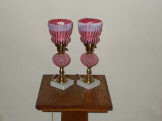 Fenton Vintage Cranberry Opalescent Spiral Optic Dresser Lamps 3