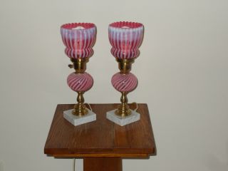 Fenton Vintage Cranberry Opalescent Spiral Optic Dresser Lamps 4