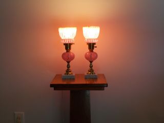 Fenton Vintage Cranberry Opalescent Spiral Optic Dresser Lamps 5