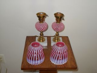 Fenton Vintage Cranberry Opalescent Spiral Optic Dresser Lamps 7