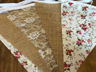Fabric Floral,  Cream Lace Hessian Handmade Vintage Bunting.  Weddings,  Country