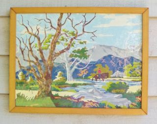 Vintage Paint By Number Painting Cowboy On Horse Mountains Wood Frame 1950 Retro