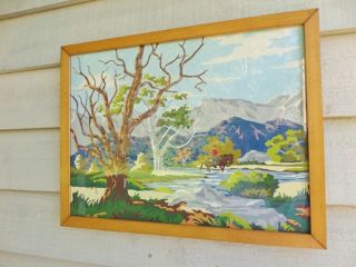Vintage Paint By Number Painting Cowboy on Horse Mountains Wood Frame 1950 Retro 2