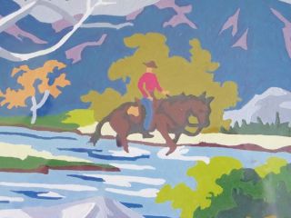 Vintage Paint By Number Painting Cowboy on Horse Mountains Wood Frame 1950 Retro 3