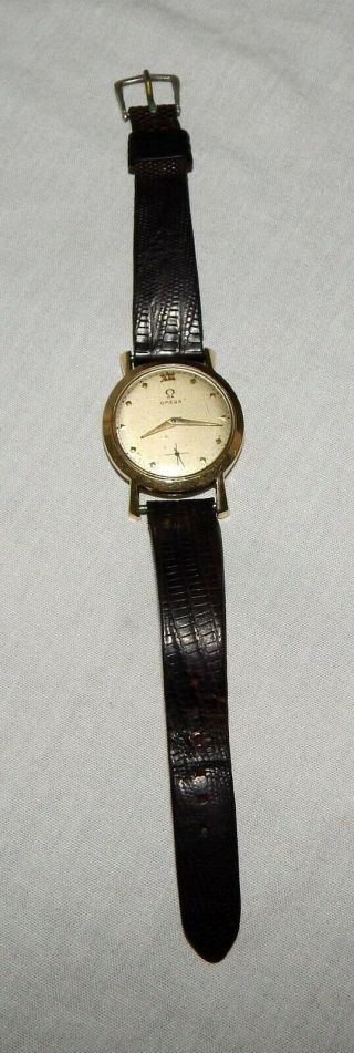 Vintage Omega 361 17j 14k Solid Yellow Gold Case Leather Strap Watch