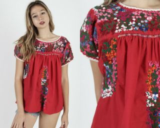 Vintage Red Oaxacan Top Floral Hand Embroidered Mexican Boho Tunic Fiesta Blouse