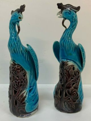 Pair Chinese Porcelain Vintage Turquoise Blue PHOENIX BIRD Figures 2