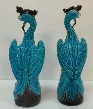 Pair Chinese Porcelain Vintage Turquoise Blue PHOENIX BIRD Figures 3