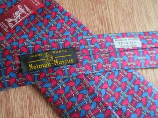 Hermes Authentic Vintage Blue Red Belt Buckle Print 100 Silk Neck Tie 7214 Ua