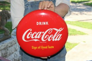 Vintage 1951 Drink Coca Cola Soda Pop Gas Station 12 " Curved Button Sign