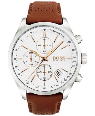 Hugo Boss Grand Prix Chronograph White Dial Leather Strap Men 