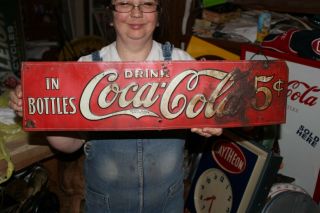 Vintage C.  1930 Coca Cola Soda Pop Gas Station 24 " Embossed Metal Sign