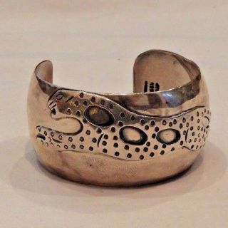 Vintage Mexican Sterling Silver Spotted Cheetah Or Leopard Cuff Bracelet