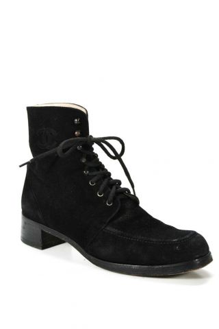 Chanel Womens Vintage Suede Lace Up Ankle Boots Black Size 39.  5 9.  5