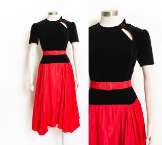 Vintage 1940s Dress Black Velvet,  Red Taffeta Full Skirt Small