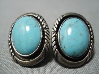 Rare Earth Blue Turquoise Vintage Navajo Sterling Silver Earrings Old