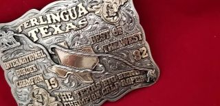RODEO BUCKLE TERLINGUA TEXAS CALF ROPING 1992 VINTAGE CHAMPION Engraved 624 6