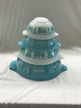 Vintage Pyrex Turquoise And White Amish Butterprint Cinderella Nesting Bowls