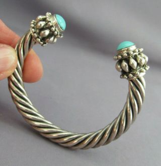 Vintage Taxco Mexico Sterling Cabochon Turquoise Twist Coil Cable Cuff Bracelet