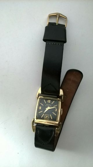 Vintage Lord Elgin Rare Black Dial Driver 14k Gold Filled 21j Mens Wristwatch