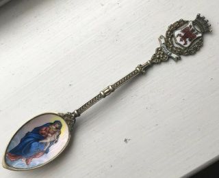 Antique Firenze Florence Italy 800 Silver Enamel Souvenir Spoon Rare Mary&jesus