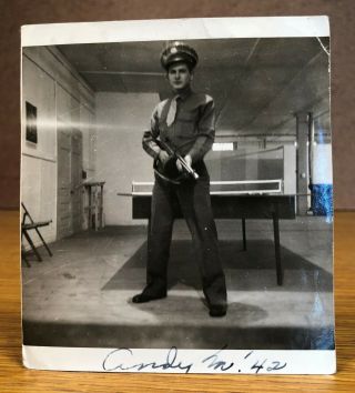 1942 Soldier Tommy Gun Photo Snapshot Picture Military Uniform Ping Pong Table