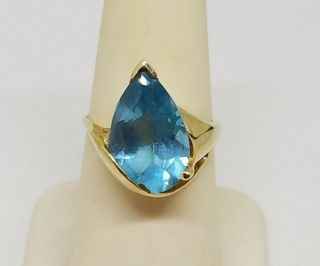 Vintage Estate 10k Yellow Gold Pear Cut 4.  5 Ct Blue Topaz Cocktail Ring Size 7