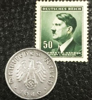 Rare Ww2 German 10 Reichspfennig Coin And Stamp Historical Ww2 Authentic