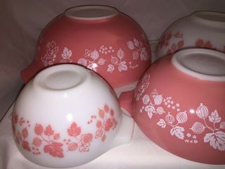 PYREX Vtg Pink Gooseberry Cinderella Mixing Bowls complete Set 441 442 443 444 3