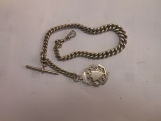 Great Antique Birmingham Sterling Silver Watch Chain With Engraved Fob