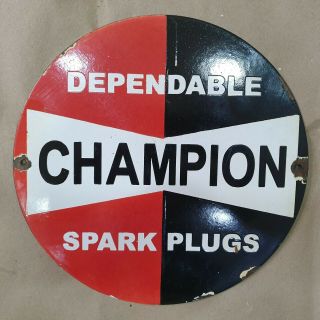 Champion Dependable Spark Plugs Vintage Porcelain Sign 12 Inches Round