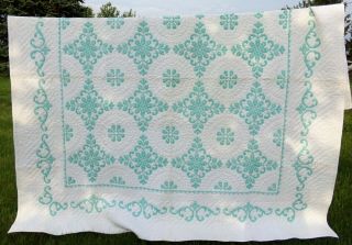 Vintage Handmade Cross Stitch Embroidered Quilt Turquoise & White Queen / Full